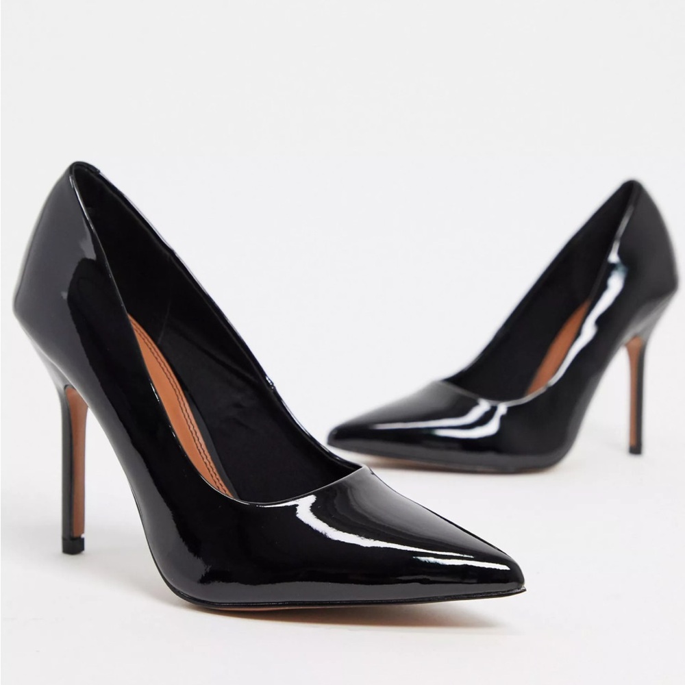 ASOS DESIGN Phoenix pointed high heeled pumps in black patent